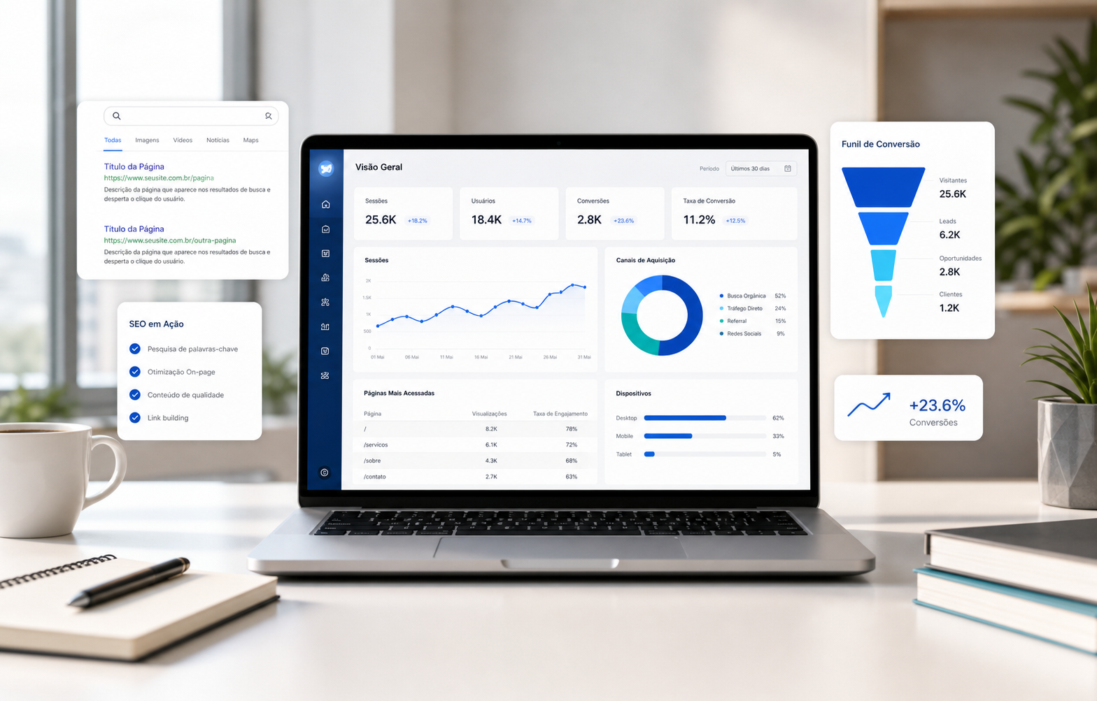 Notebook exibindo estratégia de site com SEO, performance e conversão
